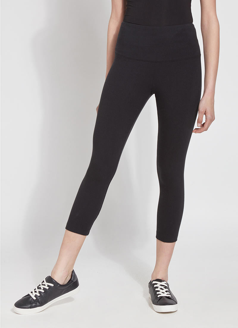 Front image of Lysse Flattering Cotton Crop Leggings. Solid black basic pull on cropped leggings.