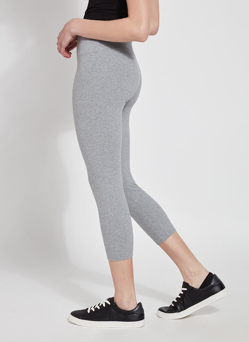 Side image of Lysse Flattering Cotton Crop Leggings. Pull on basic grey bottoms.