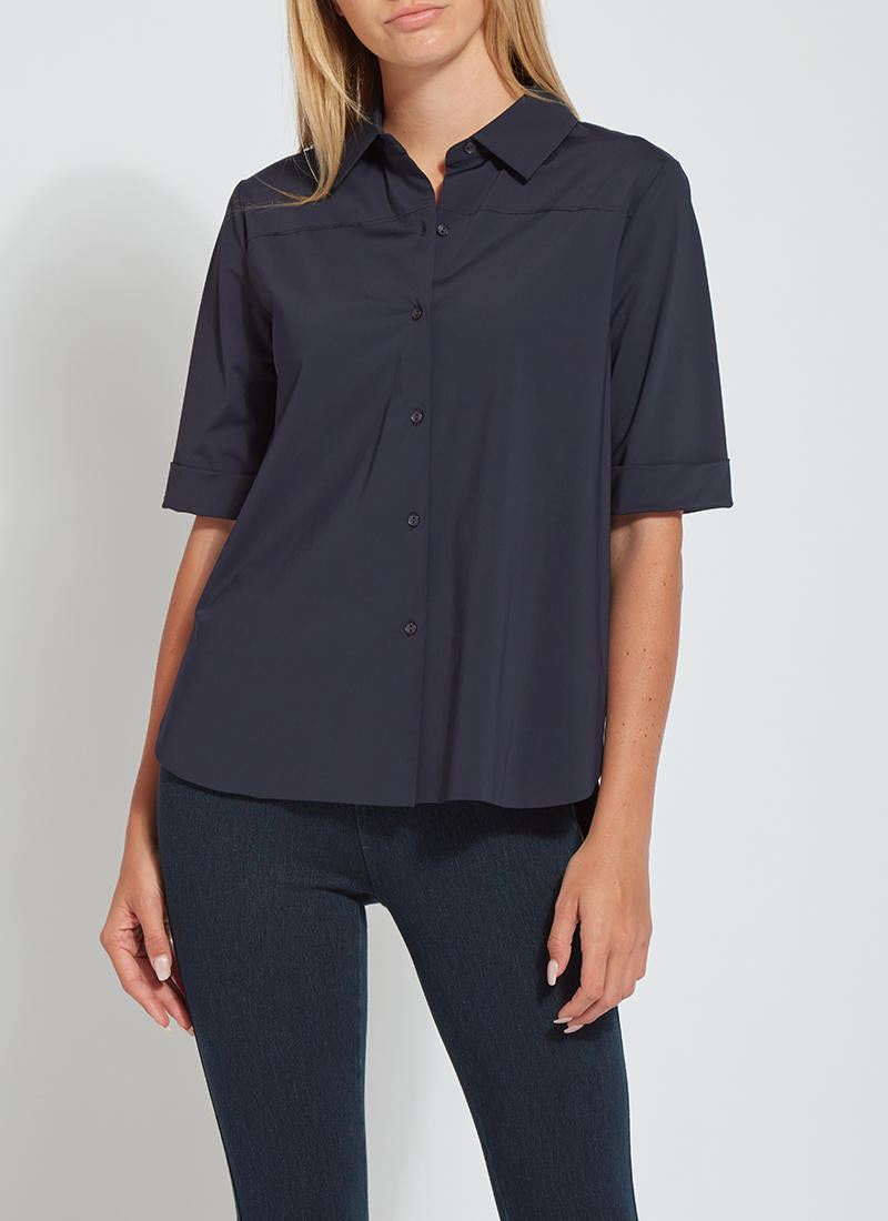 Front image of Lysse Josie Short Sleeve Button Down top. True navy short sleeve top.
