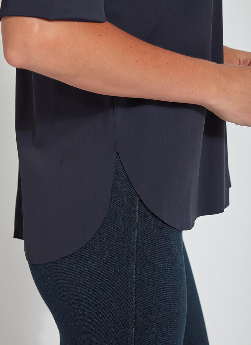 Front detail image of Lysse Josie Short Sleeve Button Down top. True navy short sleeve top.