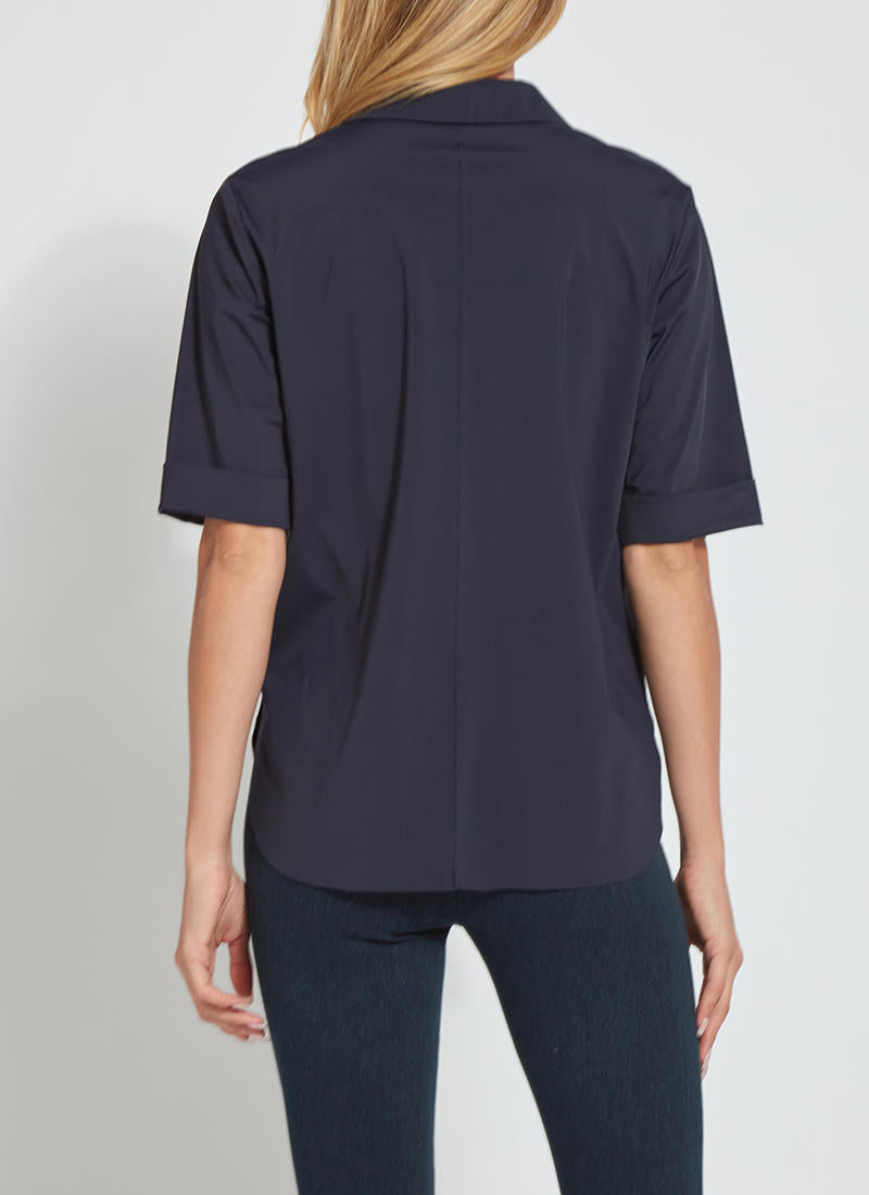 Back image of Lysse Josie Short Sleeve Button Down top. True navy short sleeve top.