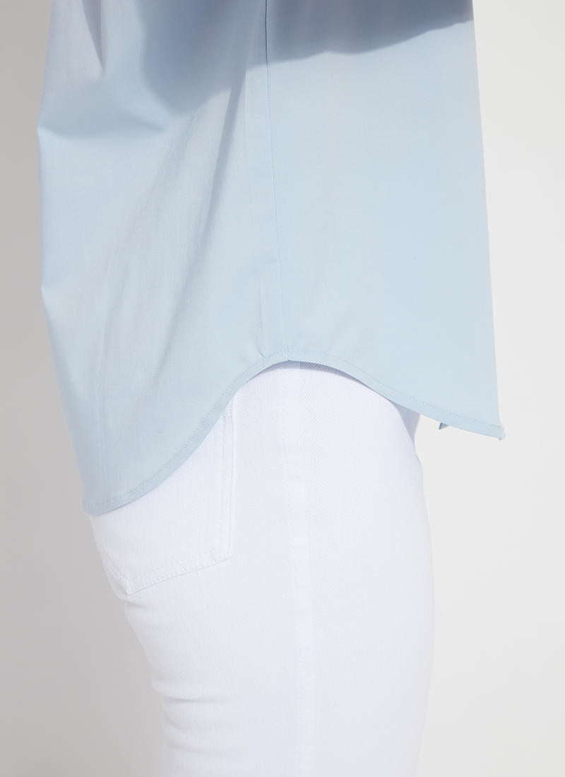 Side detail image of Lysse Sofia Striped Cropped Shirt. Oxford blue long sleeve blouse by lysse.