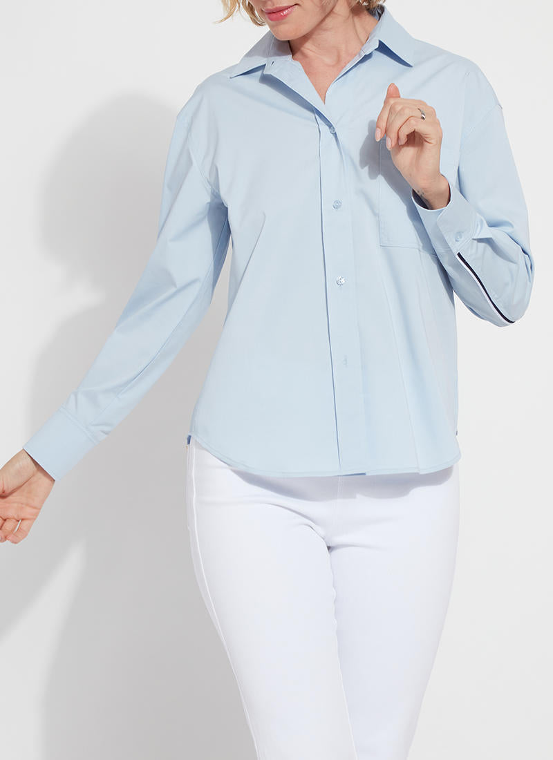 Front image of Lysse Sofia Striped Cropped Shirt. Oxford blue long sleeve blouse by lysse.
