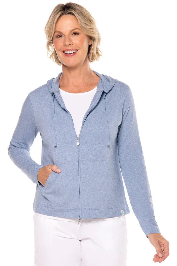 Front image of Coolibar zip front heather blue seaside hoodie.