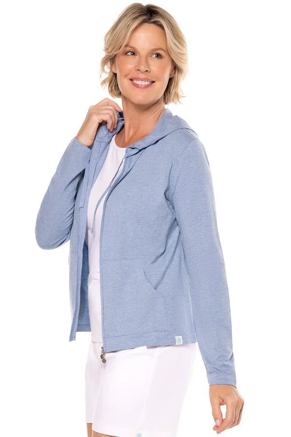 Side image of Coolibar zip front heather blue seaside hoodie.