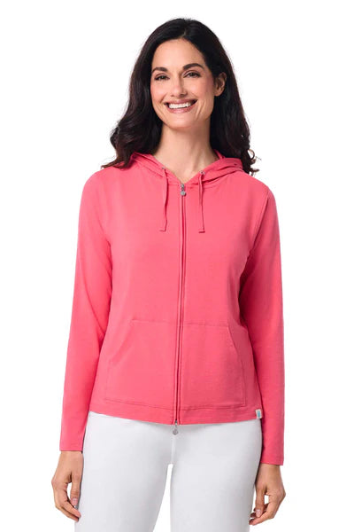 Front image of Coolibar long sleeve seaside hoodie in coral sunkist.