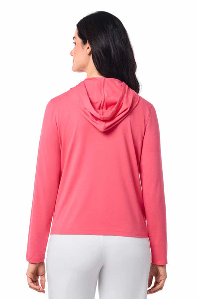 Back image of Coolibar long sleeve seaside hoodie in coral sunkist.