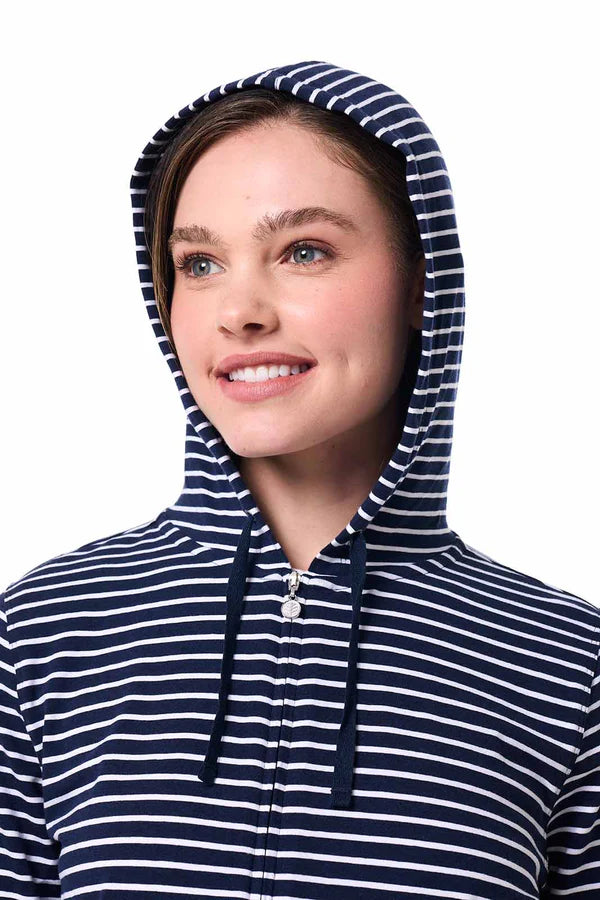 Front image of Coolibar striped seaside hoodie in navy and white stripe.