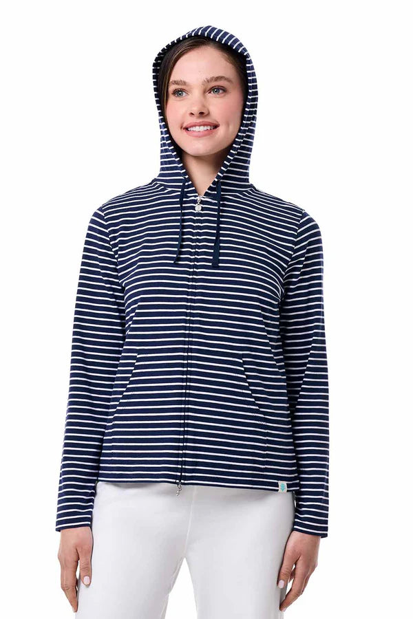 Front image of Coolibar striped seaside hoodie in navy and white stripe.