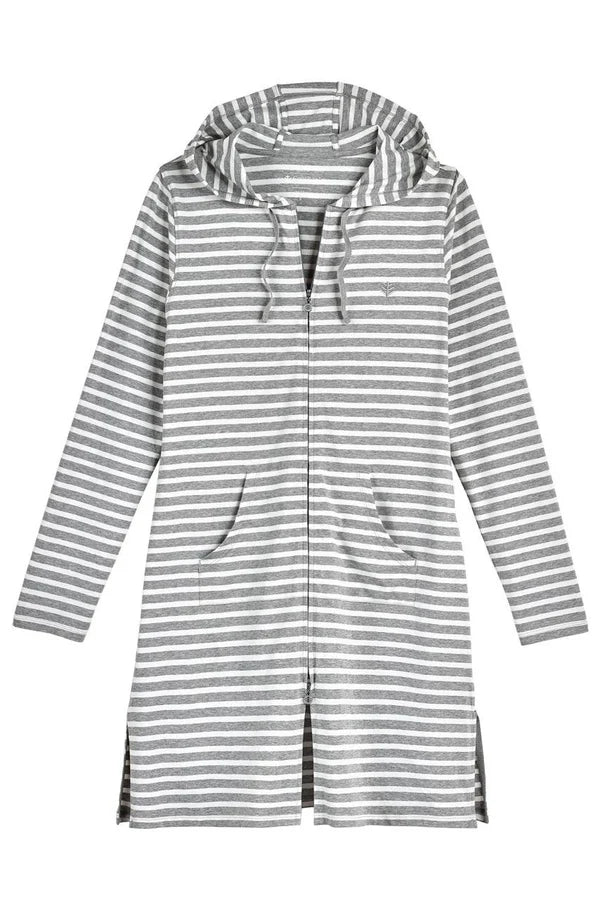 Front image of Coolibar grey striped cabana hoodie.