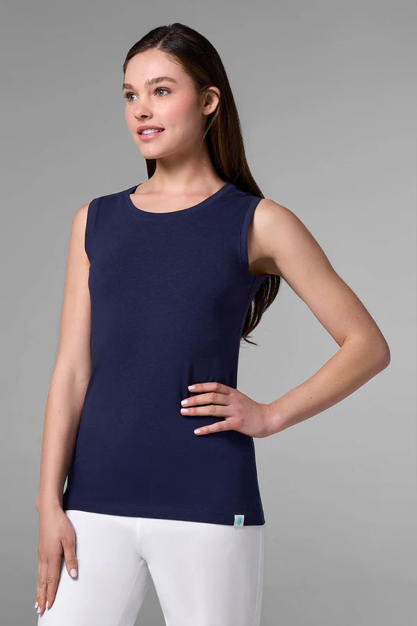 Front image of Coolibar sleeveless morada everyday navy tank.