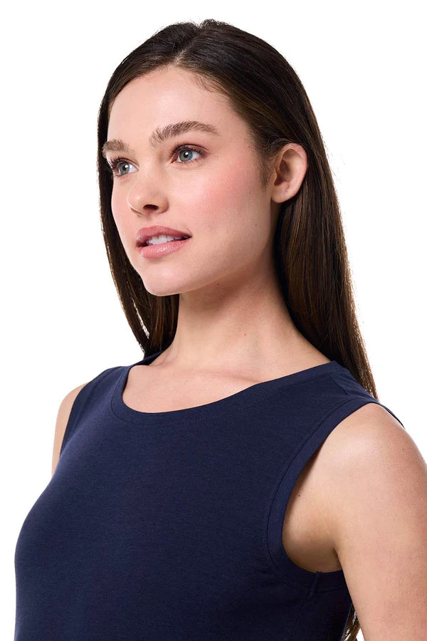 Front detail image of Coolibar sleeveless morada everyday navy tank.