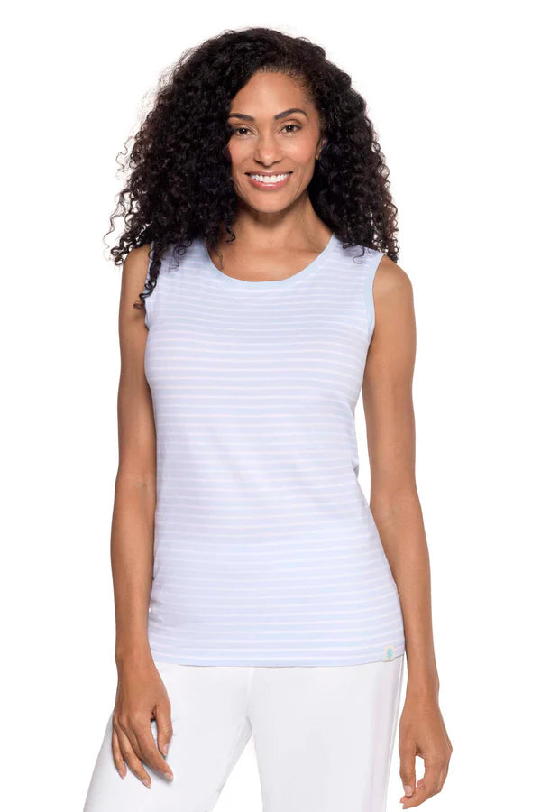 Front image of Coolibar sleeveless everyday basic tank top in skyride stripe.
