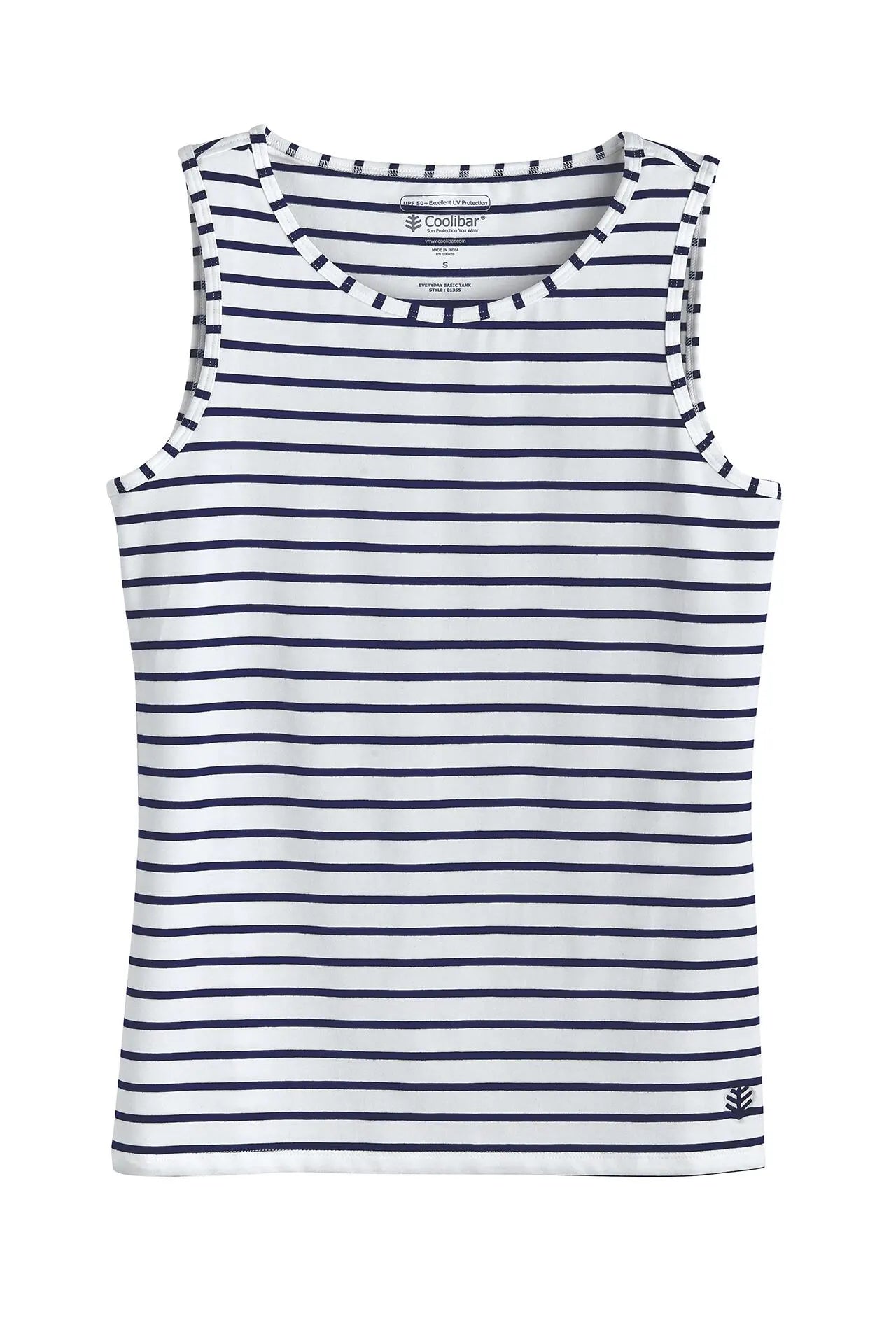 Front image of Coolibar morada everyday basic tank. Navy and white striped sleeveless tank.