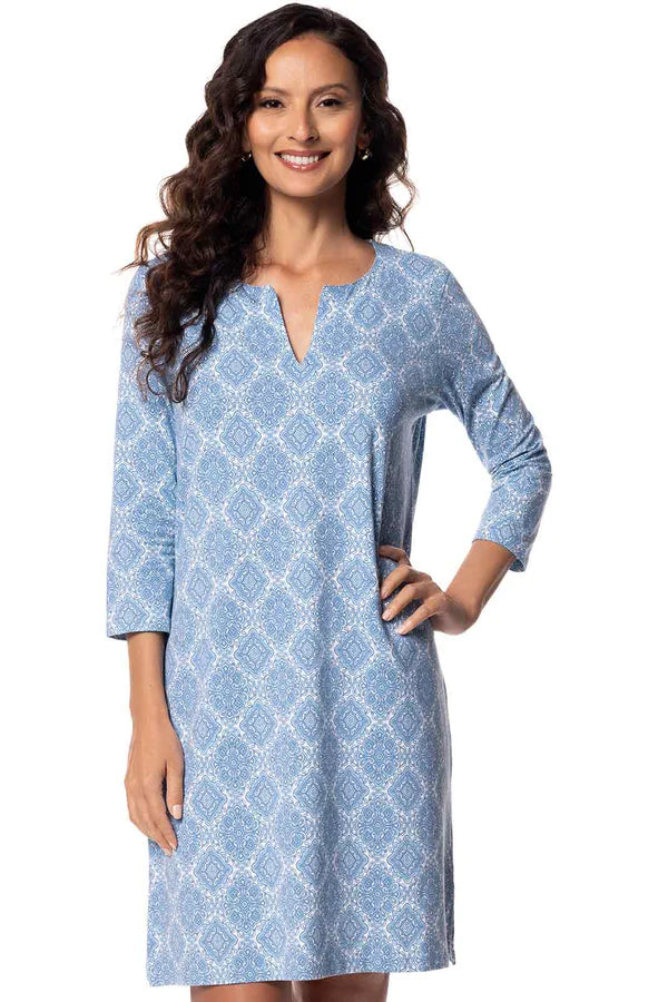 Front image of Coolibar oceanside tunic dress in blue medallion.