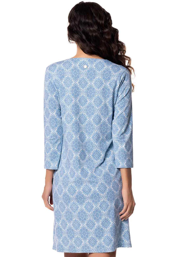 Back image of Coolibar oceanside tunic dress in blue medallion.