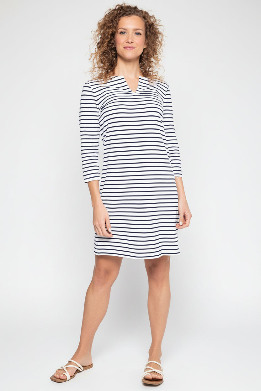 Women's Oceanside Tunic Dress with 3/4 Sleeve | White/Navy Stripe