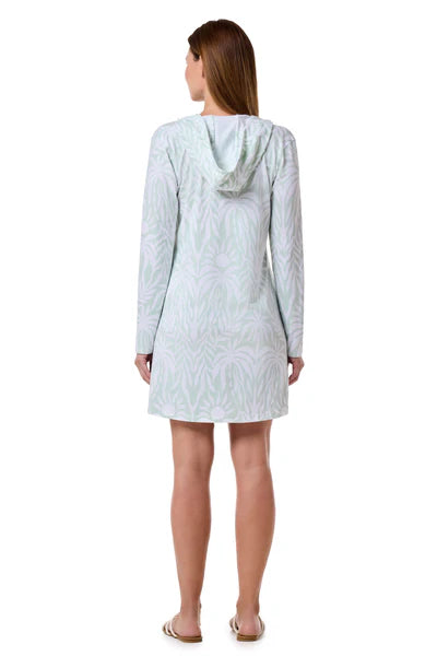 Back image of Coolibar catalina beach cover up dress in misty aqua blue.