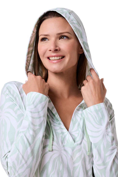 Front detail image of Coolibar catalina beach cover up dress in misty aqua blue.