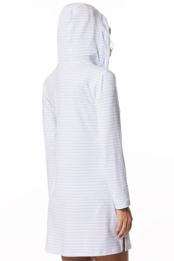 Back image of Coolibar catalina beach cover up dress in skyride/white stripe.