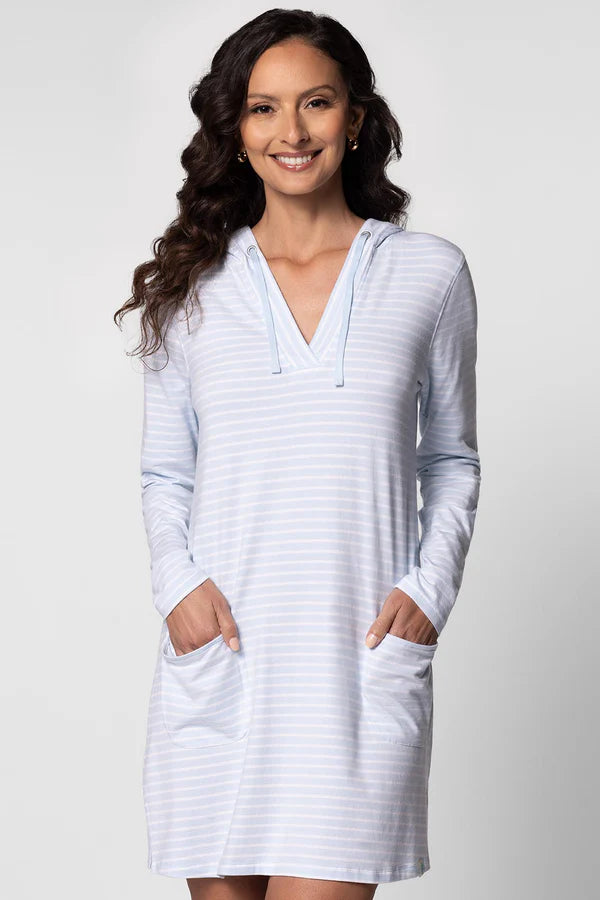 Front image of Coolibar catalina beach cover up dress in skyride/white stripe.