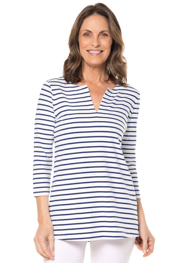 Front image of Coolibar st.lucia tunic in navy/white stripe.