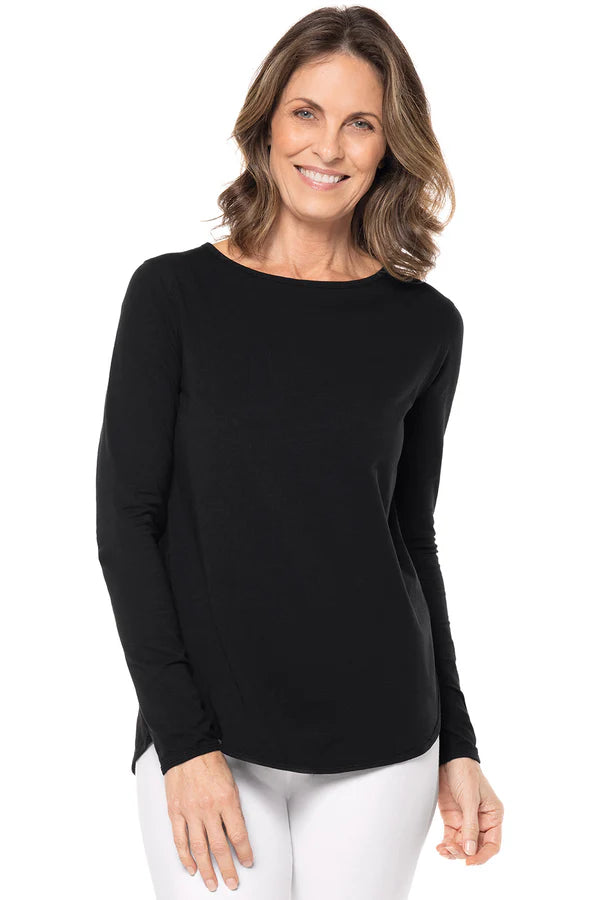 Front image of Coolibar heyday black long sleeve shirt.