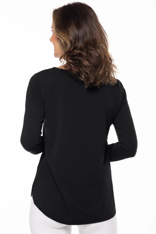 Back image of Coolibar heyday black long sleeve shirt.