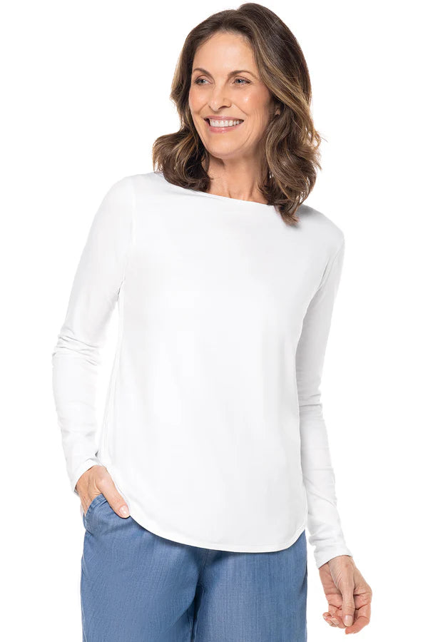 Front image of Coolibar white heyday long sleeve top.