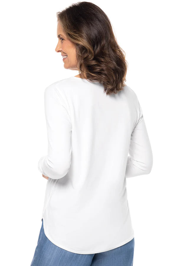 Back image of Coolibar white heyday long sleeve top.