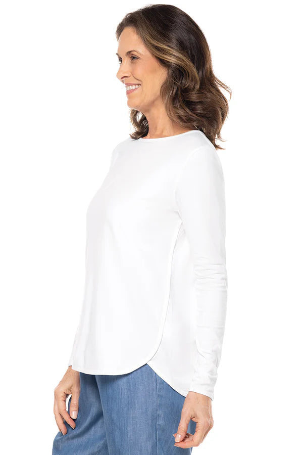 Side image of Coolibar white heyday long sleeve top.