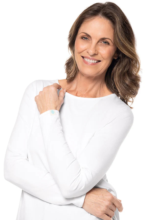 Front image of Coolibar white heyday long sleeve top.