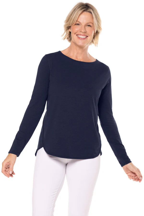 Front image of Coolibar heyday long sleeve top in navy.