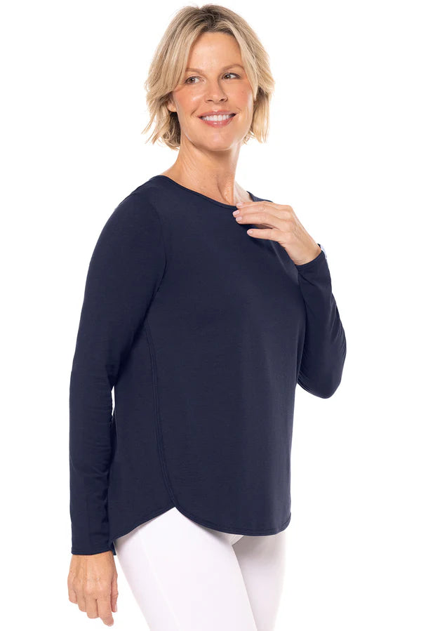 Side image of Coolibar heyday long sleeve top in navy.