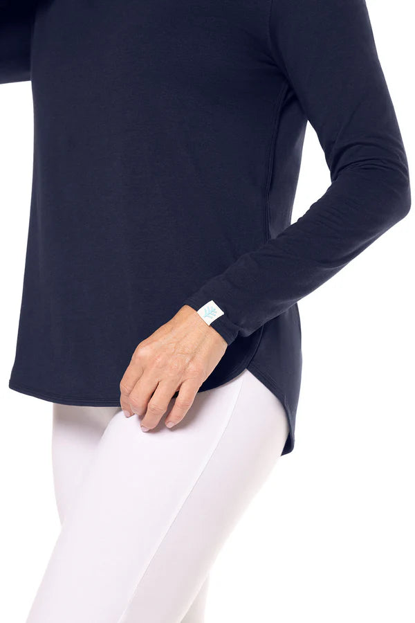 Front detail image of Coolibar heyday long sleeve top in navy.