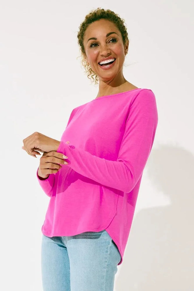 Front image of Heyday Side Split Shirt. Magnolia pink long sleeve top. 
