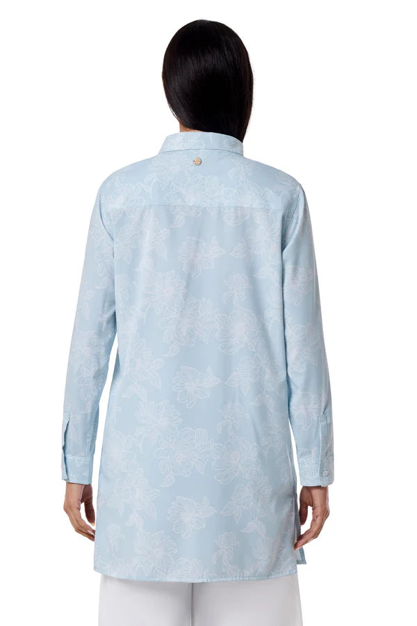 Back image of Coolibar Santorini Tunic Shirt in skyride blue print.