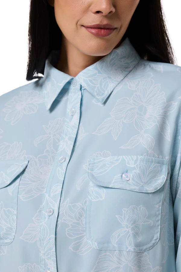 Front image of Coolibar Santorini Tunic Shirt in skyride blue print.