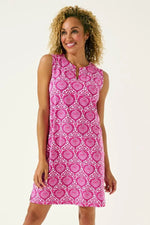 Front image of Coolibar Oceanside Tank Dress. Pink printed sleeveless dress. 