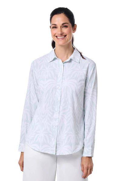 Front image of Coolibar Rhodes shirt in misty aqua blue.