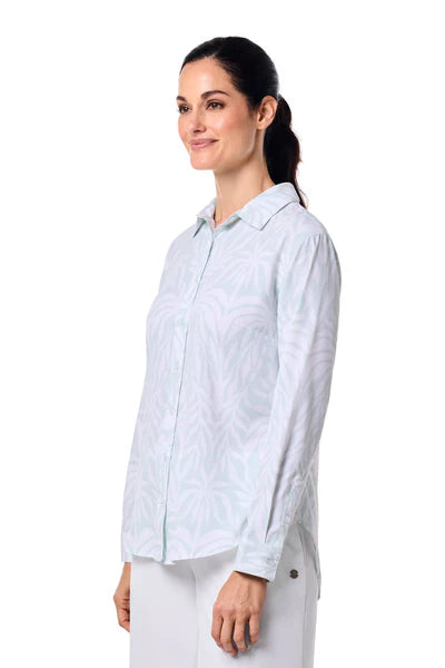 Side image of Coolibar Rhodes shirt in misty aqua blue.