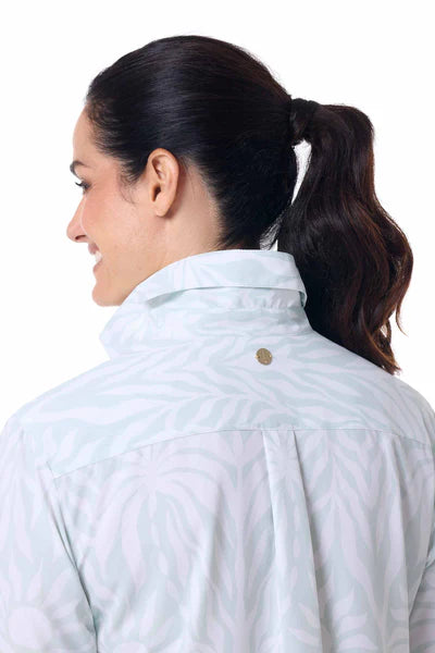 Back detail image of Coolibar Rhodes shirt in misty aqua blue.