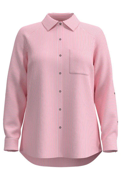 Front image of Coolibar Amara smart shirt in pink stripe.