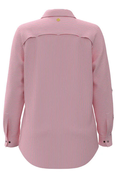 Back image of Coolibar Amara smart shirt in pink stripe.