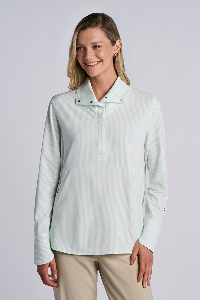 Women's Catona Funnel Neck Tunic Top | White/Misty Aqua Stripe