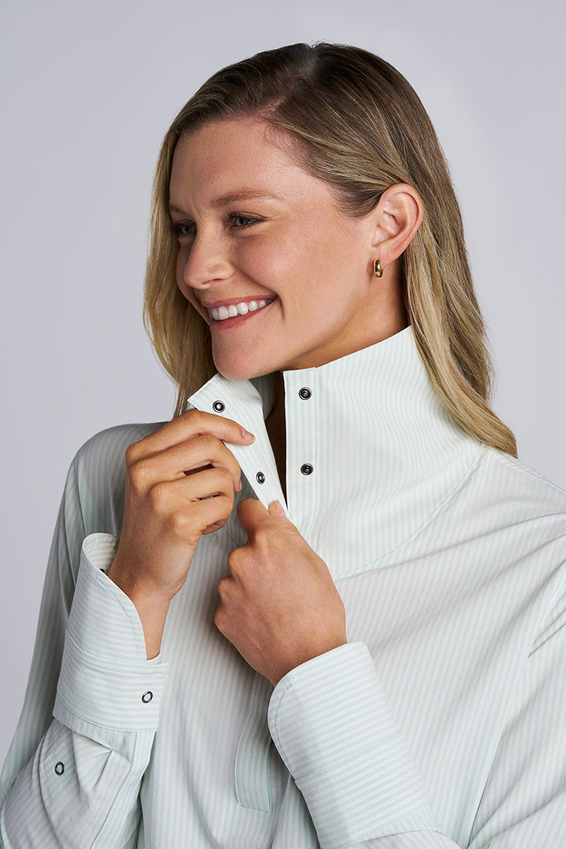 Women's Catona Funnel Neck Tunic Top | White/Misty Aqua Stripe
