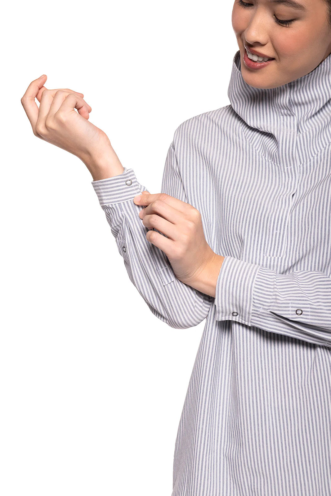 Front image of Coolibar catona funnel neck top in white/navy stripe.