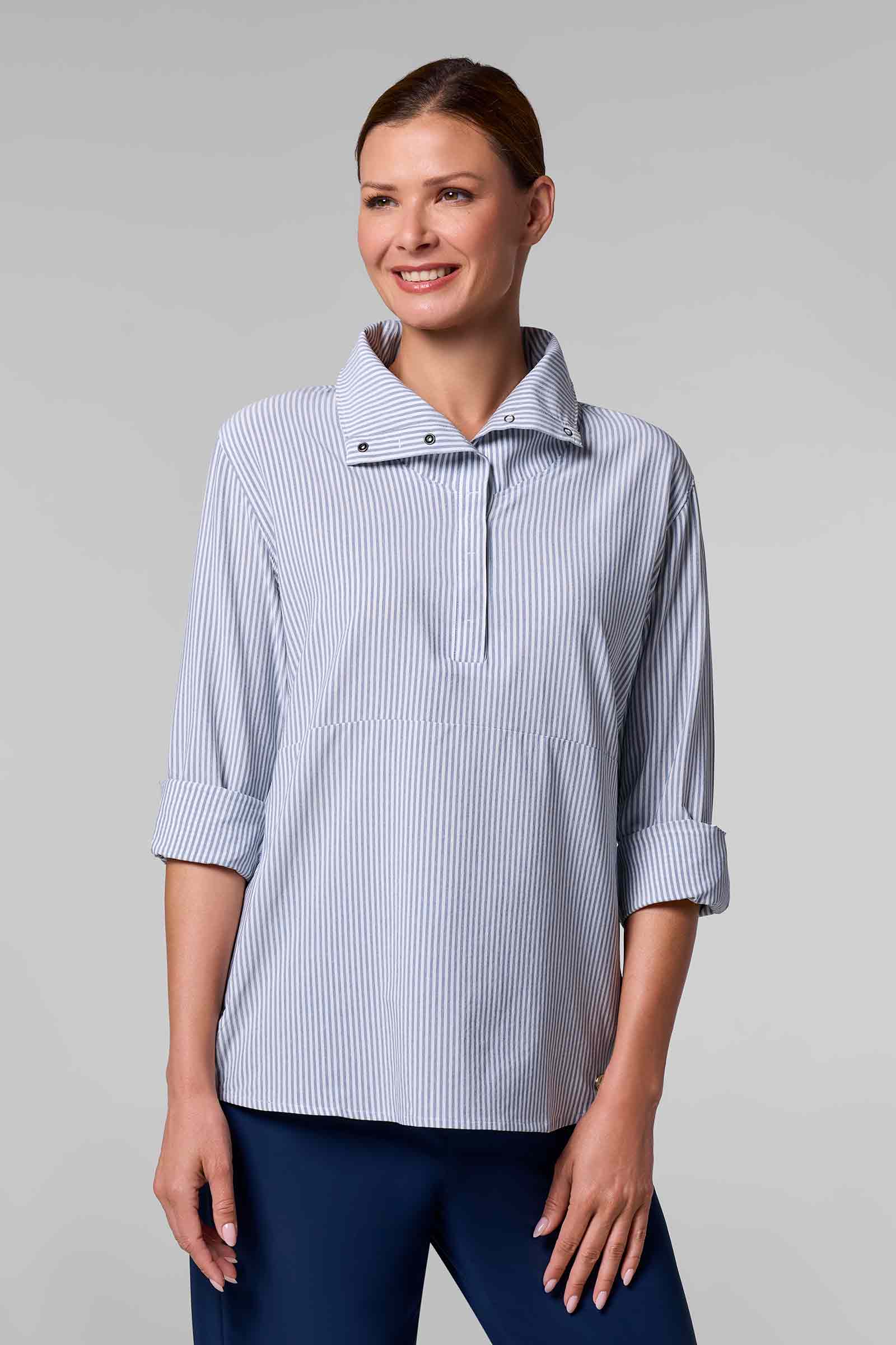 Women's Catona Funnel Neck Long Sleeve Top | White/Navy Stripe