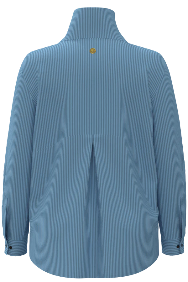 Back image of Coolibar Catona funnel neck tunic in blue stripe.