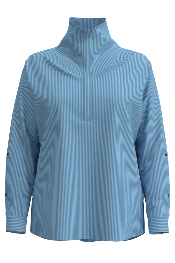 Front image of Coolibar Catona funnel neck tunic in blue stripe.